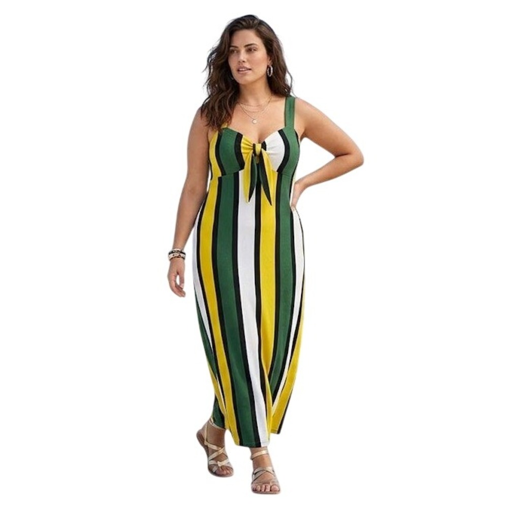 Capella Womens 2XL Maxi Dress Yellow Green Striped Tie Front Sleeveless Sundress